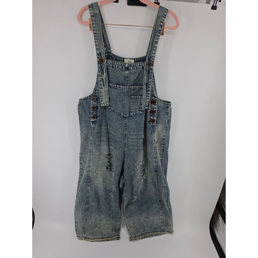 Easel Los Angeles Distressed Acid  Denim Overall Wide LegBlue EB40341 S cropped